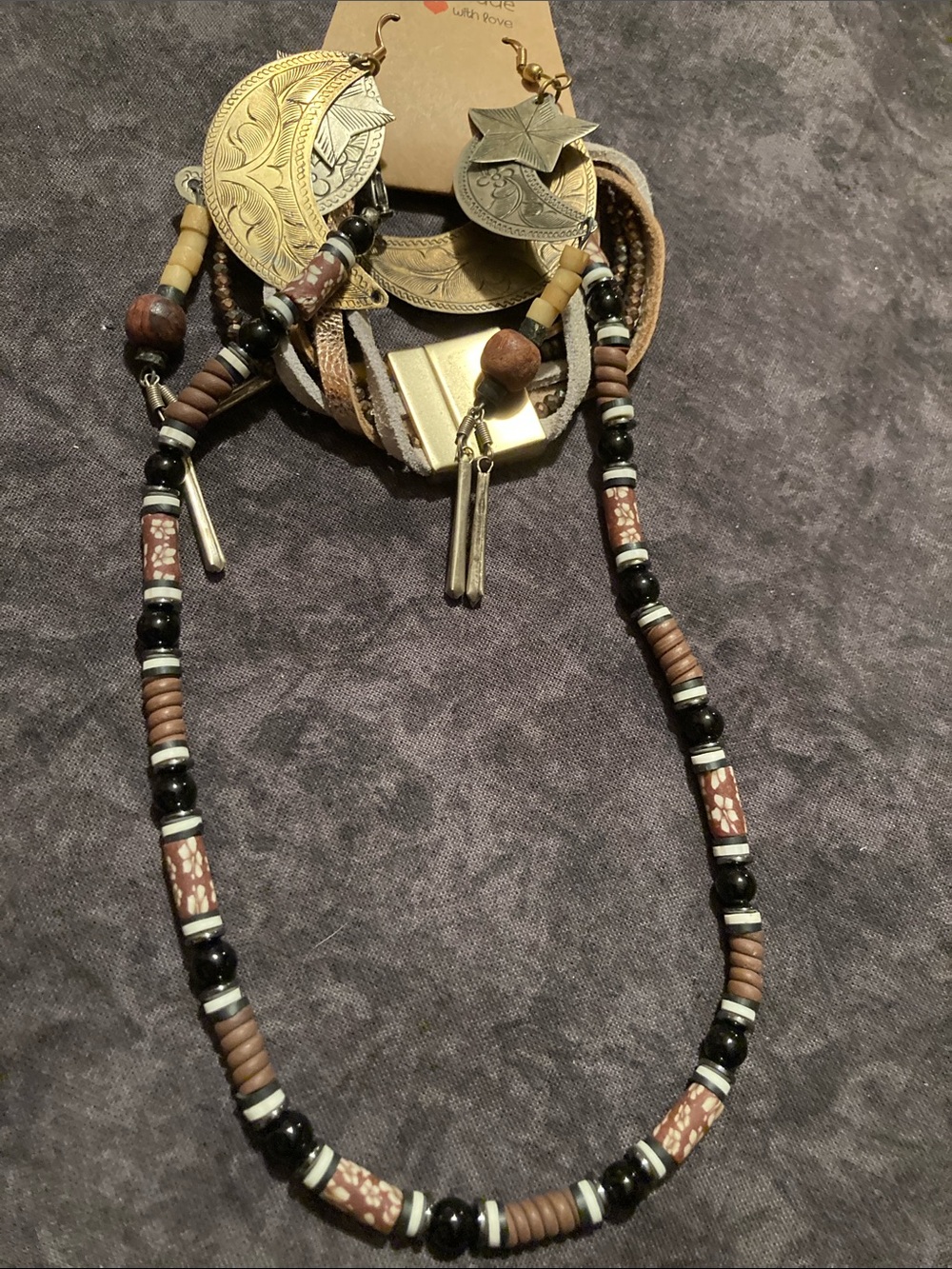 Boho Black and Brown Beaded Necklace, Bracelet and Earring Set